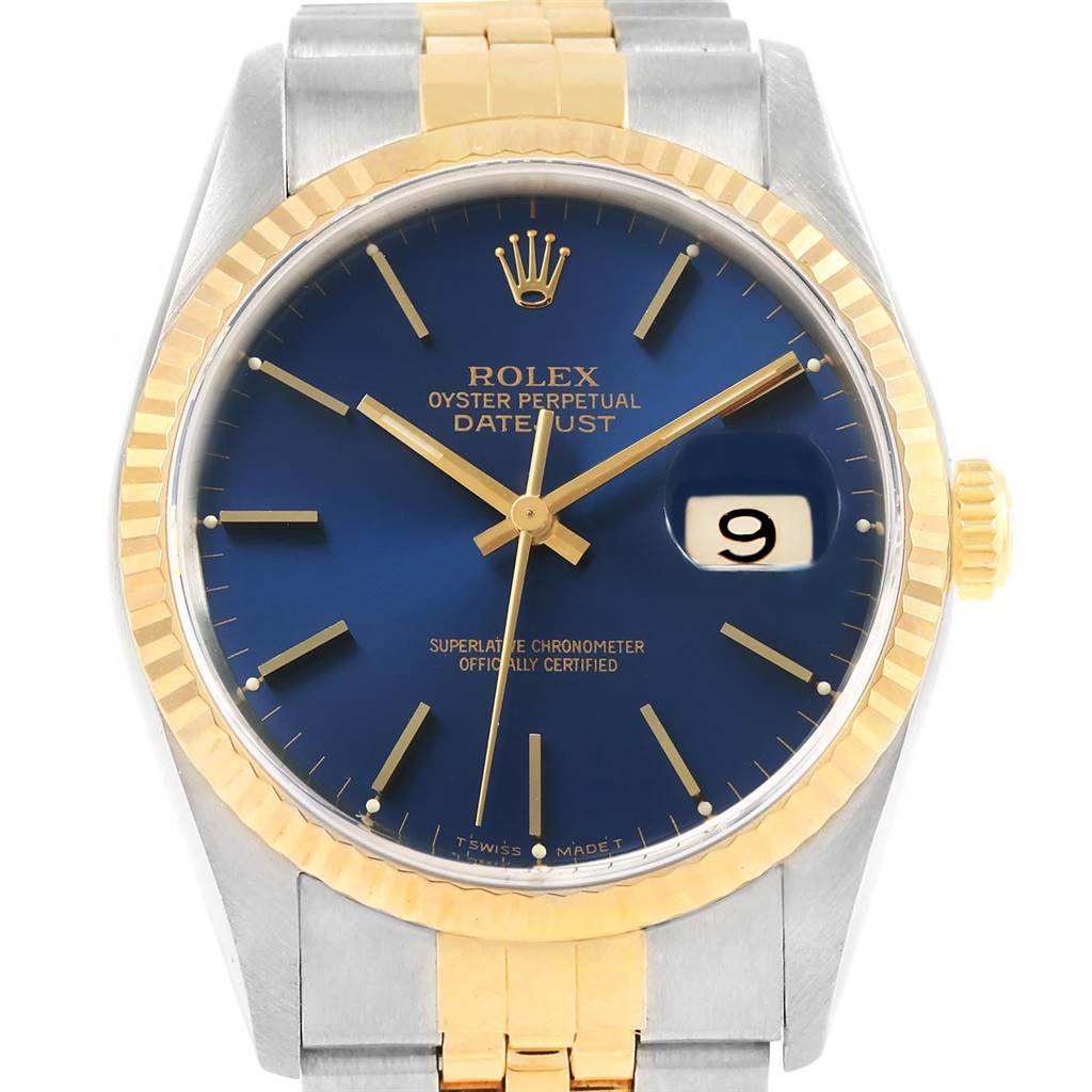 This image shows a front view of the Rolex Datejust 16233 Men
s Steel and Gold (two tone) Blue Dial 16233 Men
s Steel and Gold (two tone) Blue Dial watch, displaying the blue dial, date window, and two-tone bracelet.