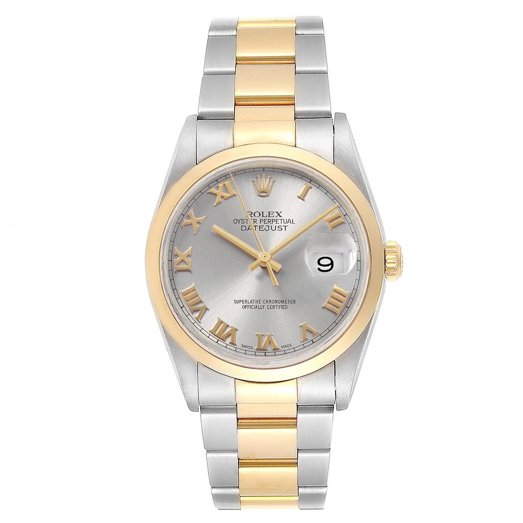 The Rolex Datejust 16203 Men's Steel and Gold (two tone) Grey Dial 16203 Men's Steel and Gold (two tone) Grey Dial model watch is shown from the front, featuring the dial, bezel, hands, and bracelet.