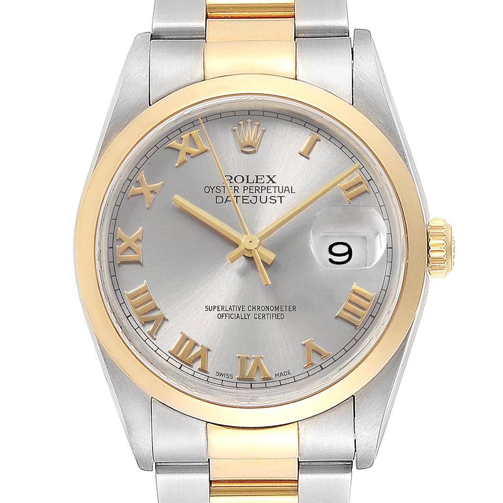 The image shows a Rolex Datejust 16203 Men's Steel and Gold (two tone) Grey Dial 16203 Men's Steel and Gold (two tone) Grey Dial watch from a front angle, highlighting the dial, bezel, crown, and bracelet. 