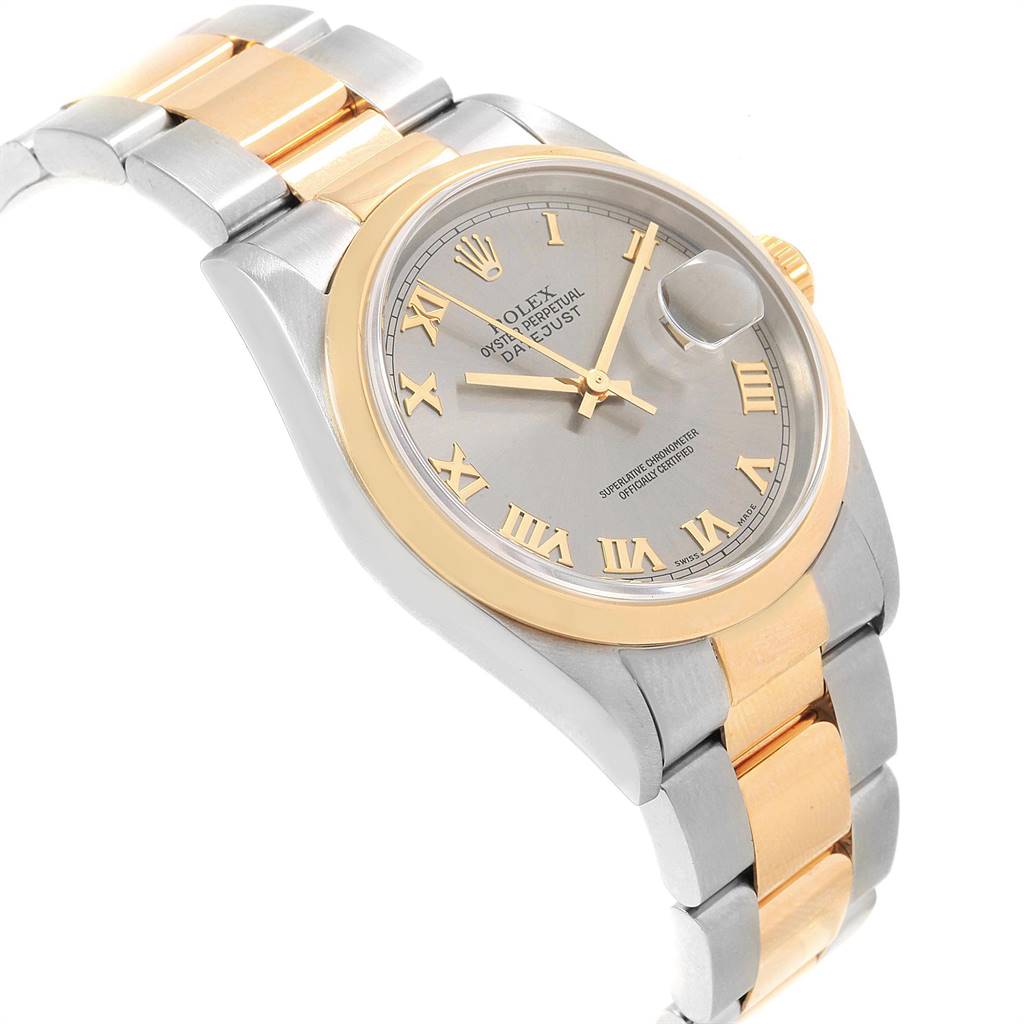 This Rolex Datejust 16203 Men's Steel and Gold (two tone) Grey Dial 16203 Men's Steel and Gold (two tone) Grey Dial watch is shown at a three-quarter angle, highlighting the dial, bezel, bracelet, and crown.