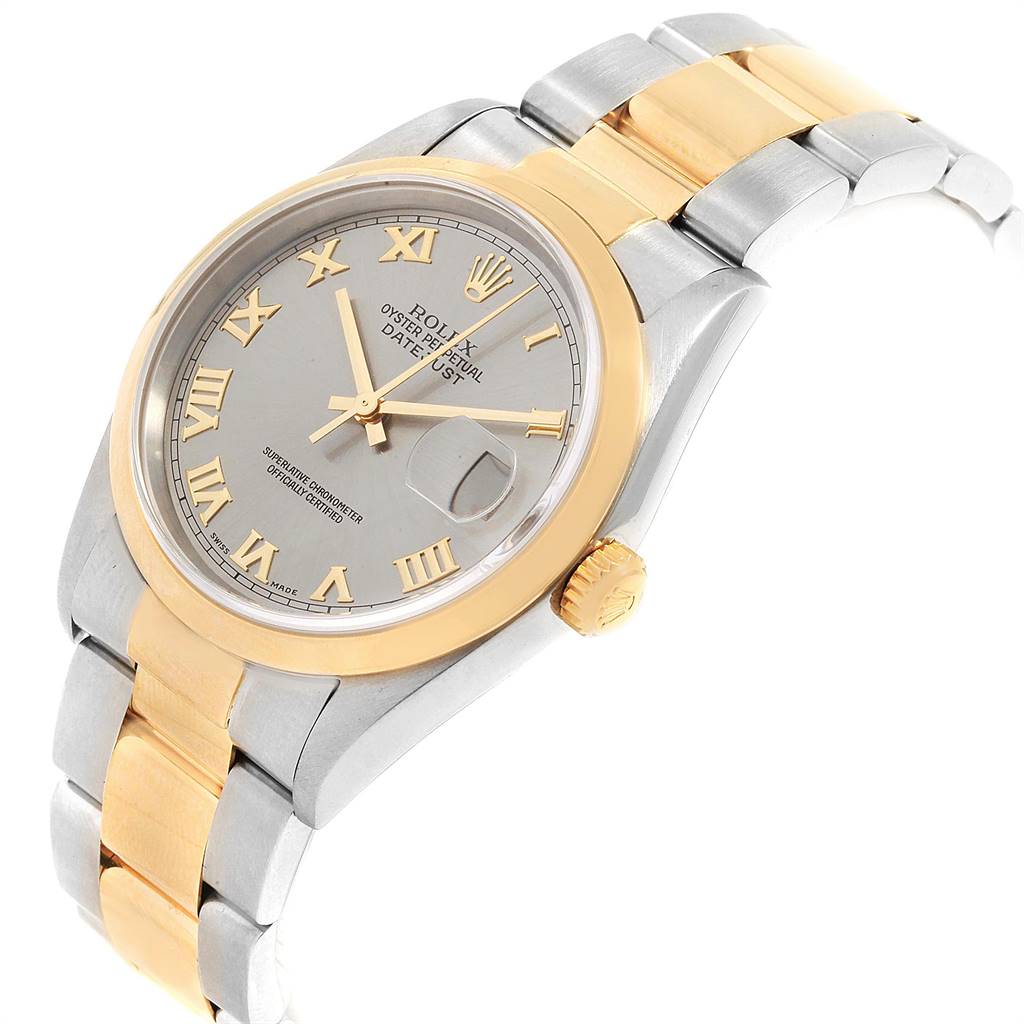 The Rolex Datejust 16203 Men's Steel and Gold (two tone) Grey Dial 16203 Men's Steel and Gold (two tone) Grey Dial watch is shown at an angled view, displaying the face, bezel, crown, and bracelet.