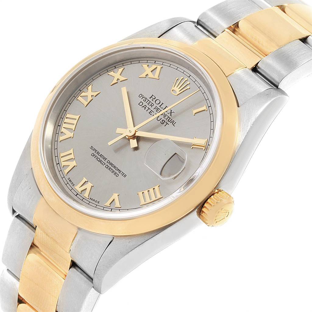 The image shows a Rolex Datejust 16203 Men's Steel and Gold (two tone) Grey Dial 16203 Men's Steel and Gold (two tone) Grey Dial watch at a slight angle, highlighting the bezel, dial, crown, and part of the two-tone bracelet.