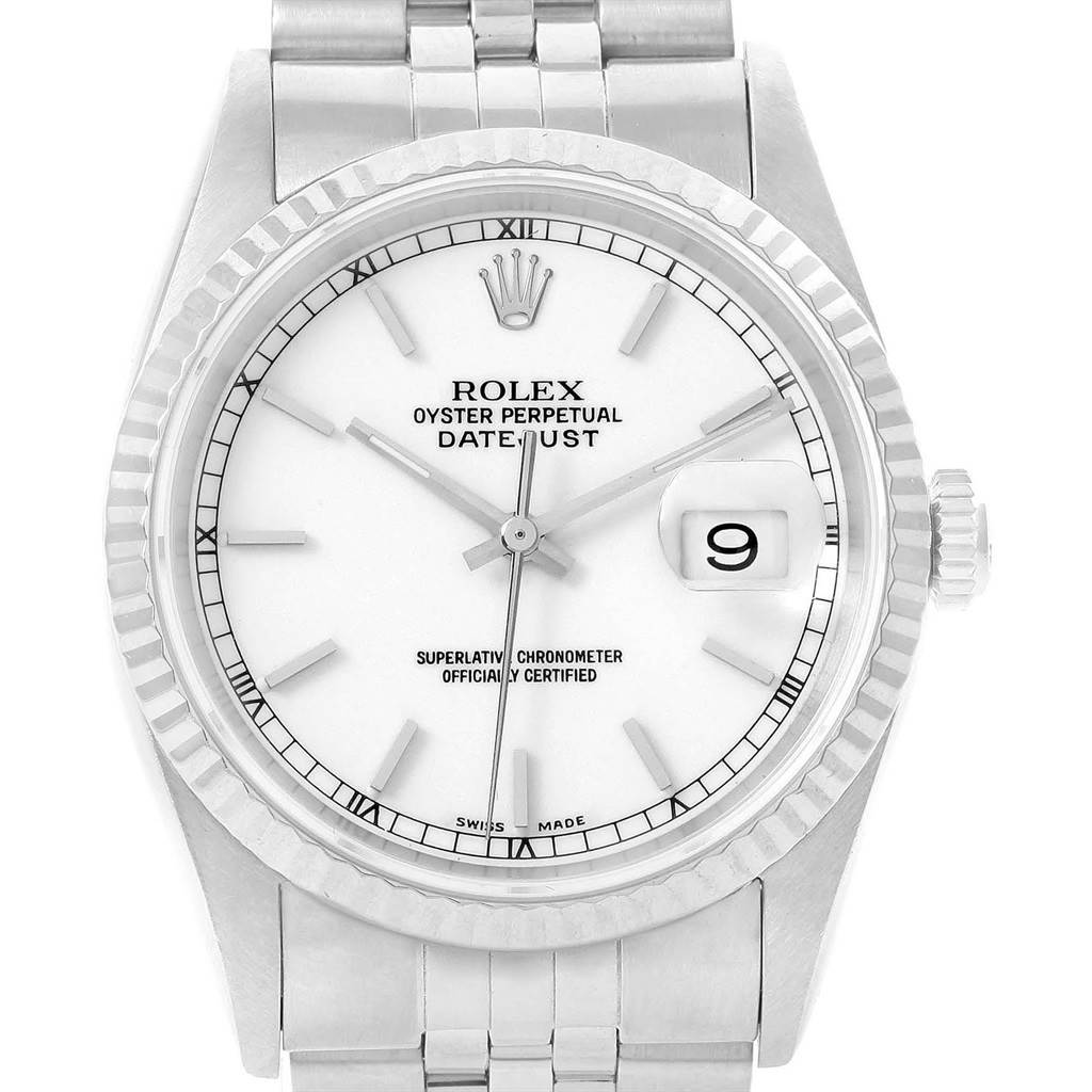 The image shows a front view of a Rolex Datejust 16234 Men's Stainless Steel White Dial 16234 Men's Stainless Steel White Dial watch featuring its silver bracelet, white dial, and date window at 3 o'clock.