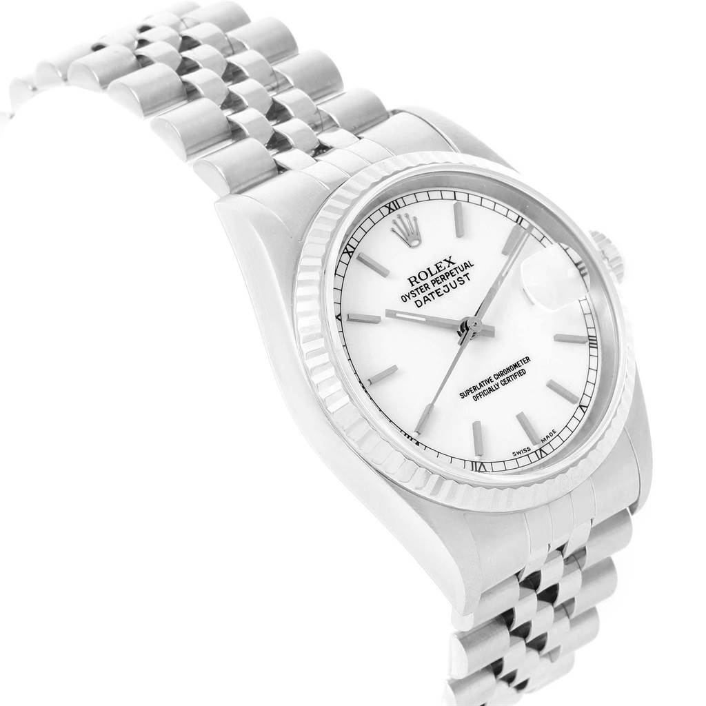This Rolex Datejust 16234 Men's Stainless Steel White Dial 16234 Men's Stainless Steel White Dial watch is shown at an angled view highlighting its dial, bezel, and bracelet.
