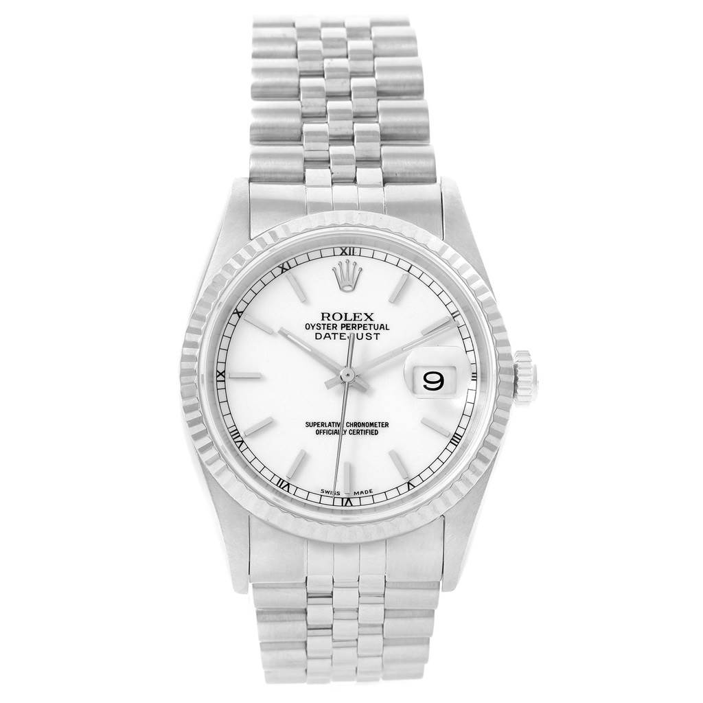 This image shows the front view of a Rolex Datejust 16234 Men's Stainless Steel White Dial 16234 Men's Stainless Steel White Dial watch, highlighting the dial, bracelet, and date window.