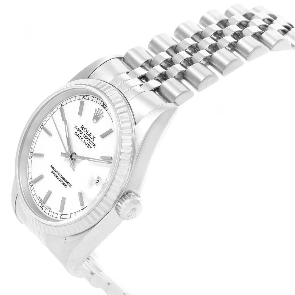 The image shows a side view of a Rolex Datejust 16234 Men's Stainless Steel White Dial 16234 Men's Stainless Steel White Dial watch, featuring its white dial, fluted bezel, and jubilee bracelet.