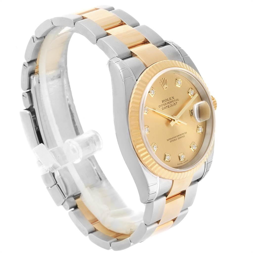 The Rolex Datejust 116233 Men's Steel and Gold (two tone) Champagne Dial 116233 Men's Steel and Gold (two tone) Champagne Dial model watch is shown from a front-side angle, highlighting the face, bezel, and two-tone bracelet.