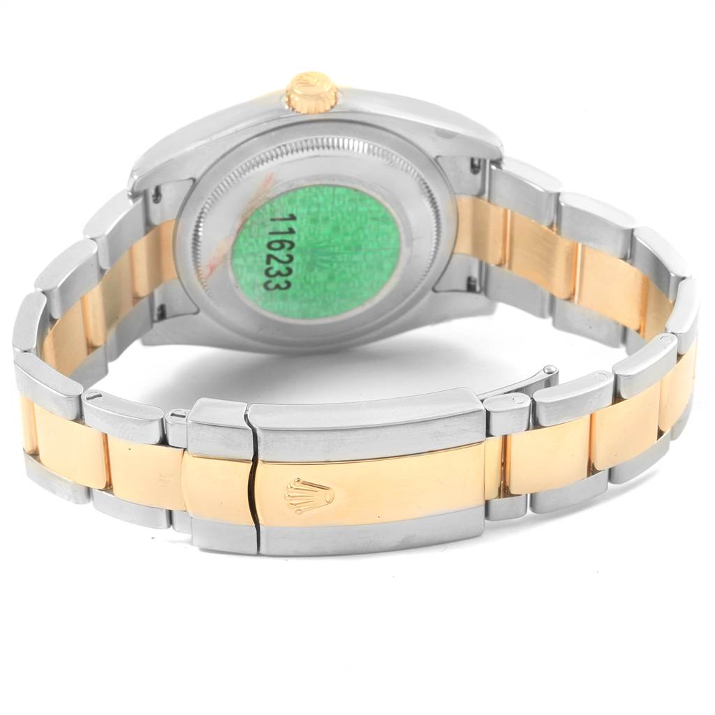 This image shows the back of the Rolex Datejust 116233 Men's Steel and Gold (two tone) Champagne Dial 116233 Men's Steel and Gold (two tone) Champagne Dial watch, including the clasp and bracelet.