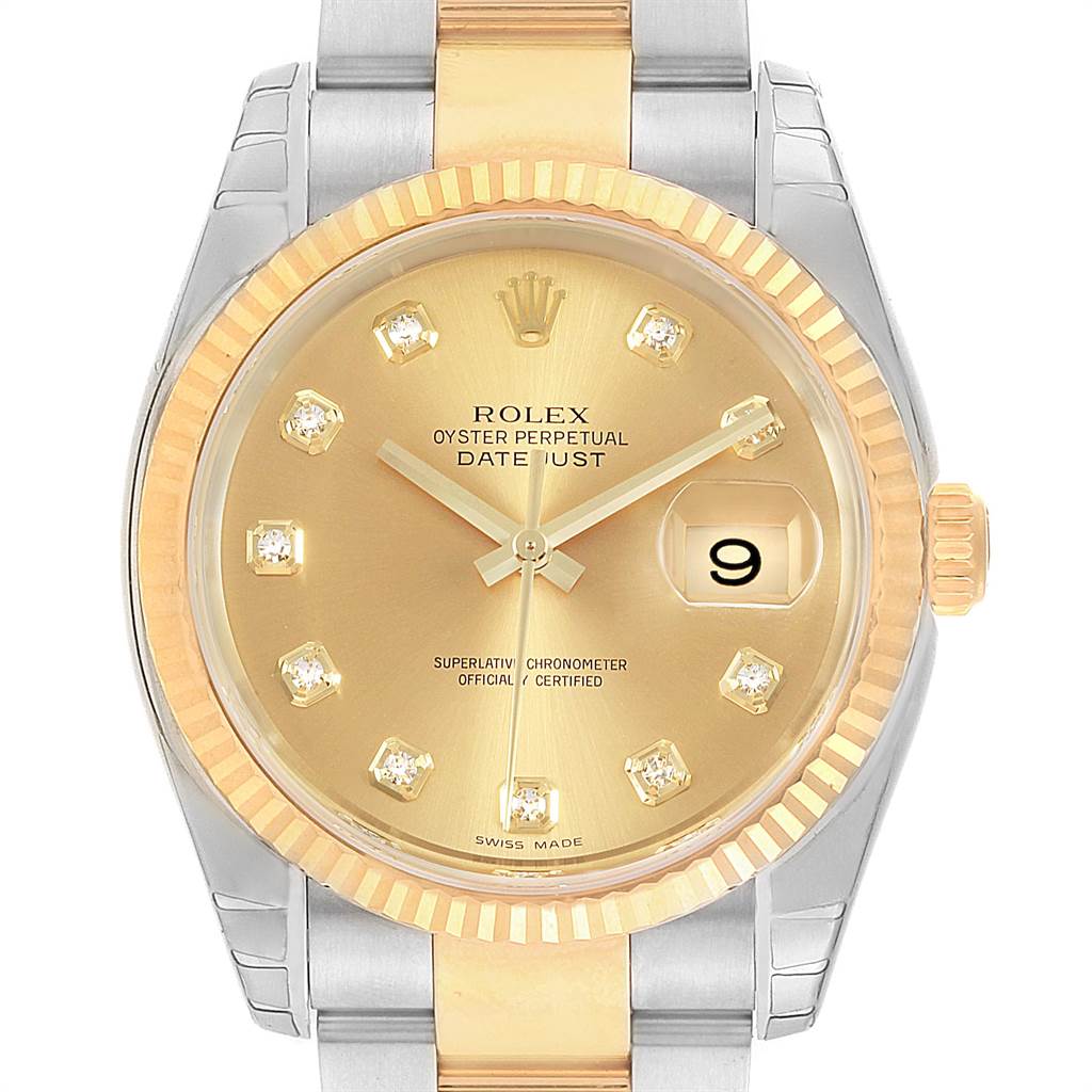 This image shows a front view of a Rolex Datejust 116233 Men's Steel and Gold (two tone) Champagne Dial 116233 Men's Steel and Gold (two tone) Champagne Dial watch, highlighting the dial, bezel, and part of the bracelet.