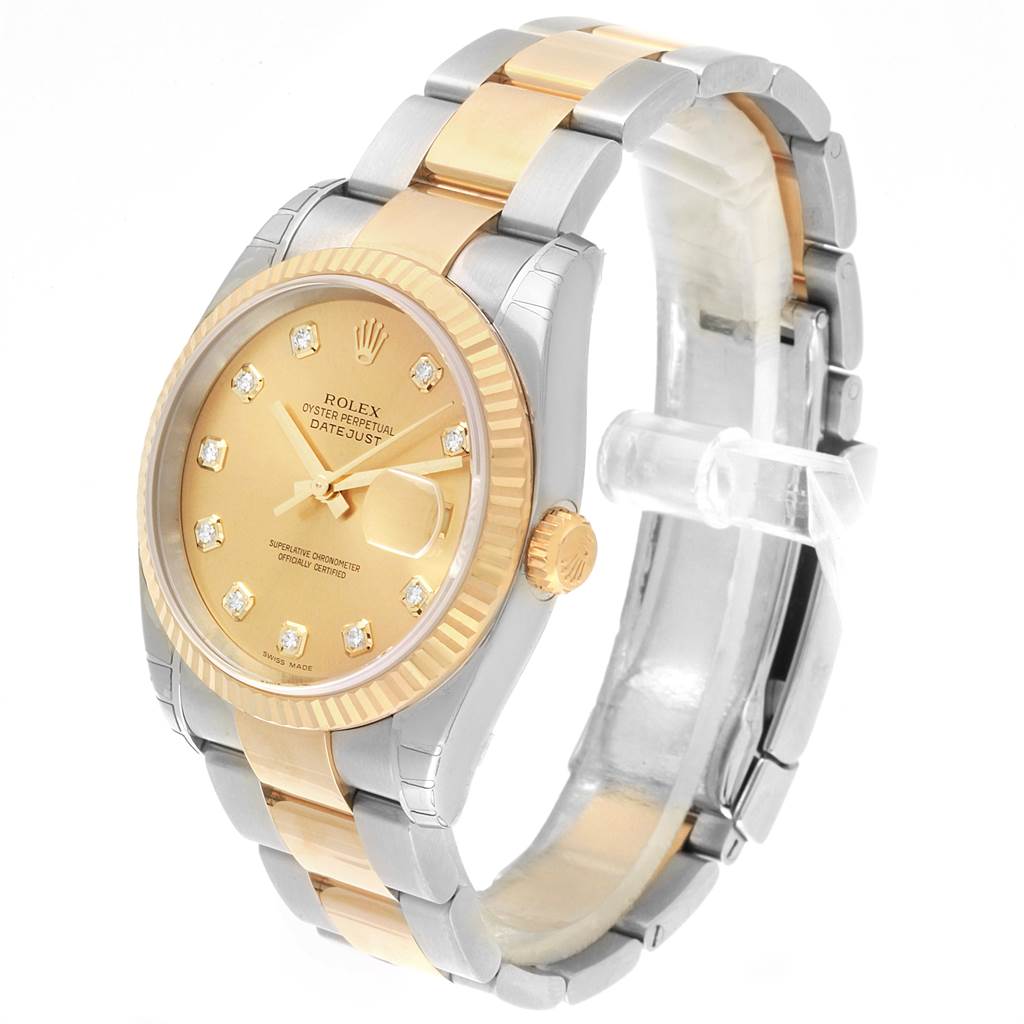 The image shows a Rolex Datejust 116233 Men's Steel and Gold (two tone) Champagne Dial 116233 Men's Steel and Gold (two tone) Champagne Dial watch at a three-quarter angle, highlighting its two-tone bracelet and diamond dial.