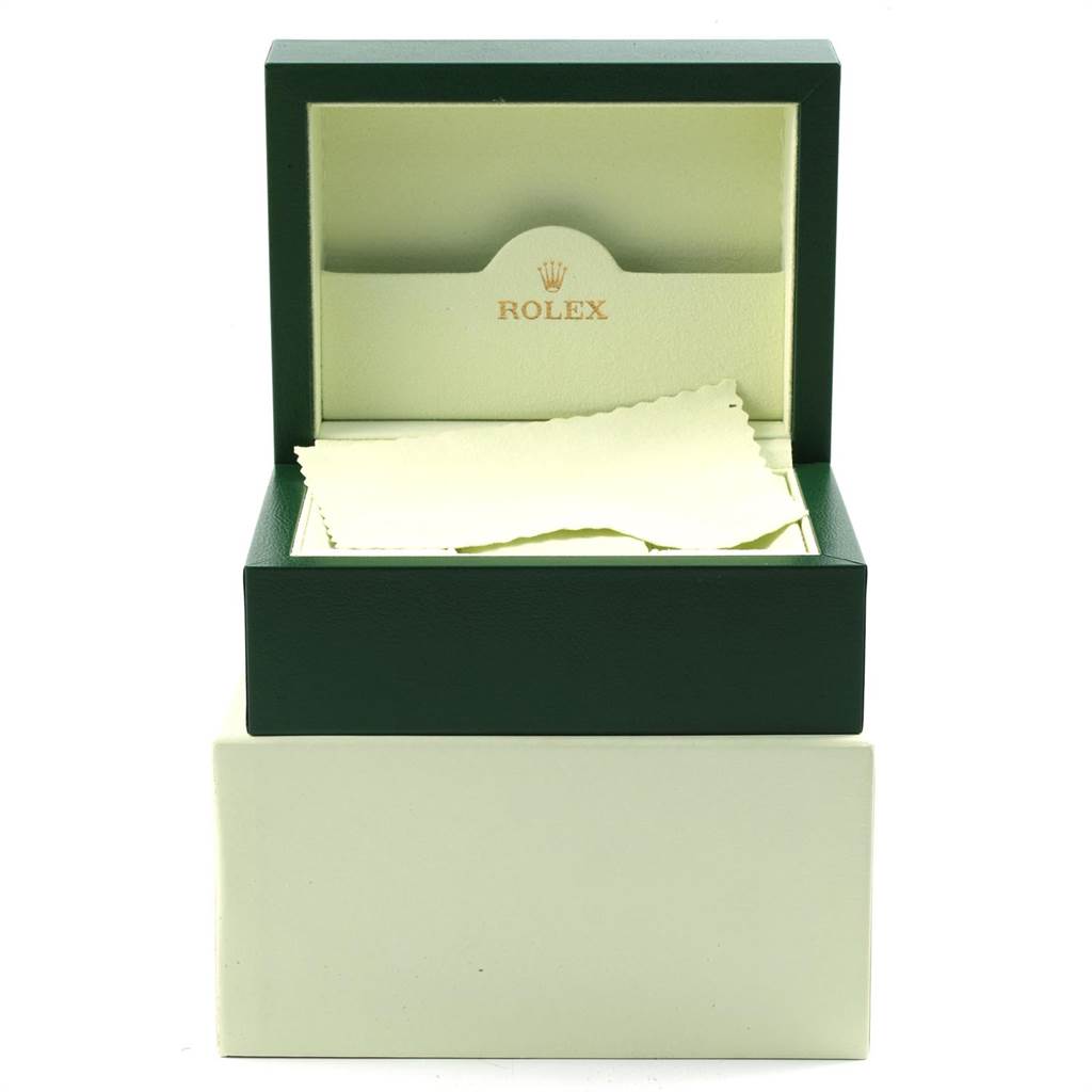 The image shows an open Rolex Datejust 116233 Men's Steel and Gold (two tone) Champagne Dial 116233 Men's Steel and Gold (two tone) Champagne Dial watch box, including the inner cushion and a cleaning cloth, viewed from the front.