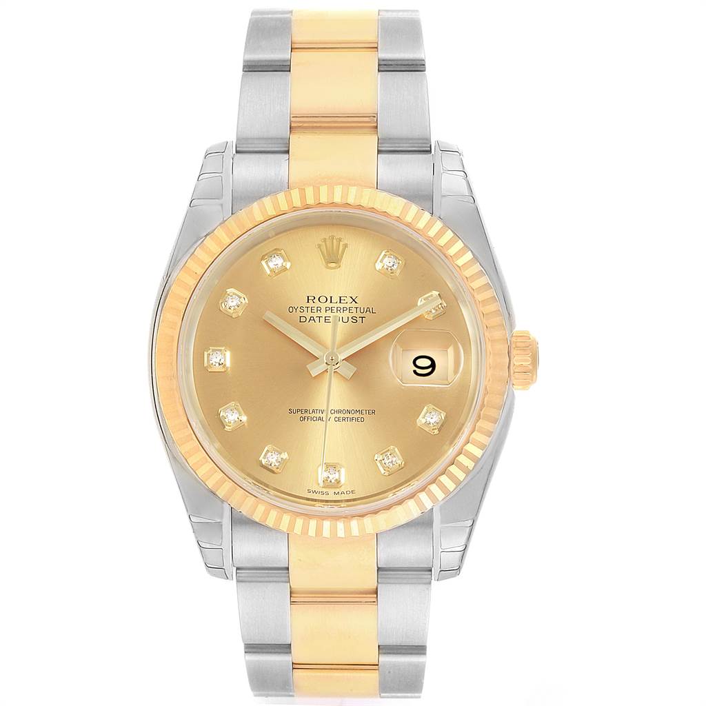 This image shows a front view of a Rolex Datejust 116233 Men's Steel and Gold (two tone) Champagne Dial 116233 Men's Steel and Gold (two tone) Champagne Dial watch, highlighting the dial, hands, bezel, and bracelet.