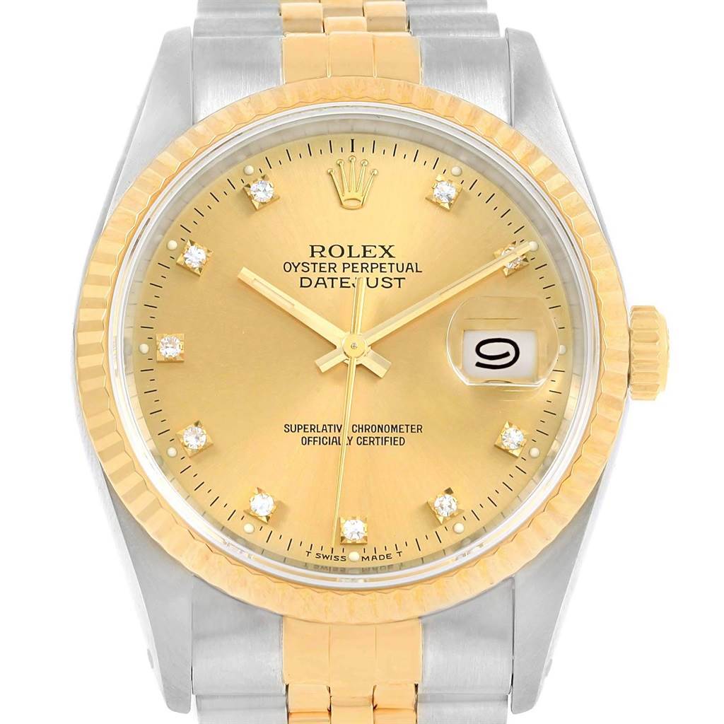 This Rolex Datejust 16233 Men's Steel and Gold (two tone) Champagne Dial 16233 Men's Steel and Gold (two tone) Champagne Dial model watch is shown from a front view, highlighting the dial, bezel, and part of the bracelet.