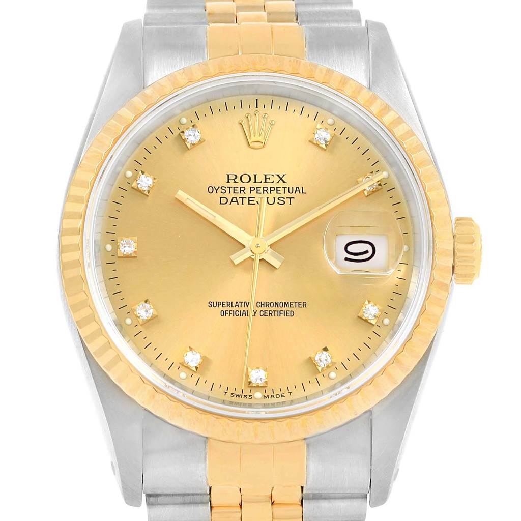 This image shows a front view of the Rolex Datejust 16233 Men's Steel and Gold (two tone) Champagne Dial 16233 Men's Steel and Gold (two tone) Champagne Dial watch, including the dial, bracelet, date display, and crown.