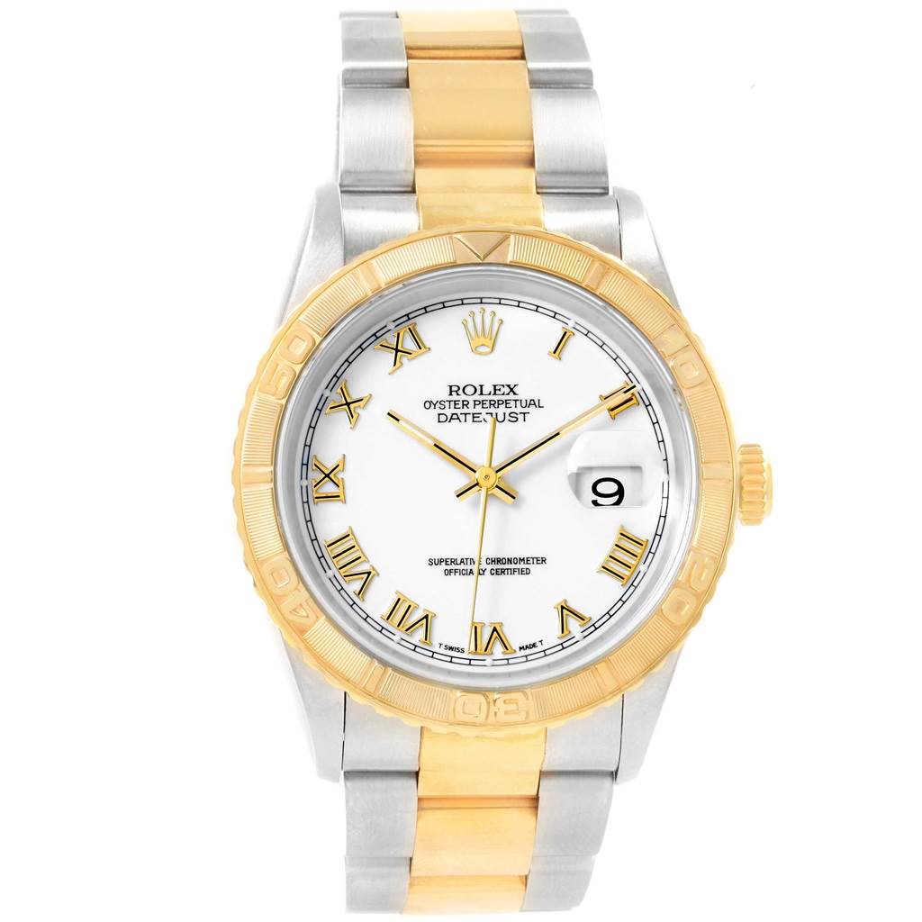 The Rolex Datejust 16263 Men
s Steel and Gold (two tone) White Dial 16263 Men
s Steel and Gold (two tone) White Dial watch is shown from a frontal angle, highlighting its dial, bezel, and the bracelet.