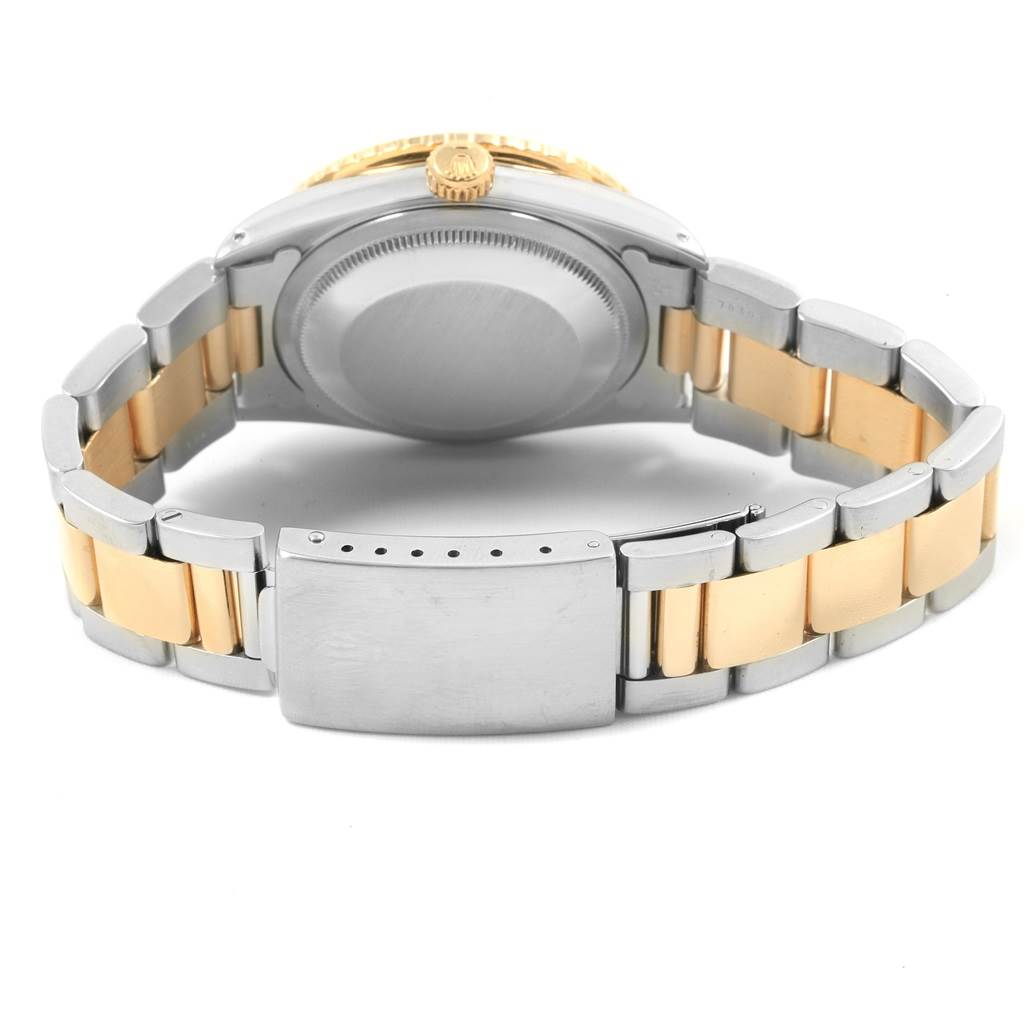 The image shows the backside and bracelet of the Rolex Datejust 16263 Men
s Steel and Gold (two tone) White Dial 16263 Men
s Steel and Gold (two tone) White Dial watch, highlighting the clasp and case back.