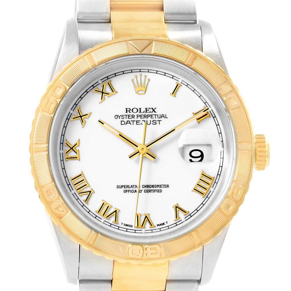The image shows a frontal view of the Rolex Datejust 16263 Men
s Steel and Gold (two tone) White Dial 16263 Men
s Steel and Gold (two tone) White Dial watch, highlighting its white dial, gold Roman numerals, and two-tone bezel.