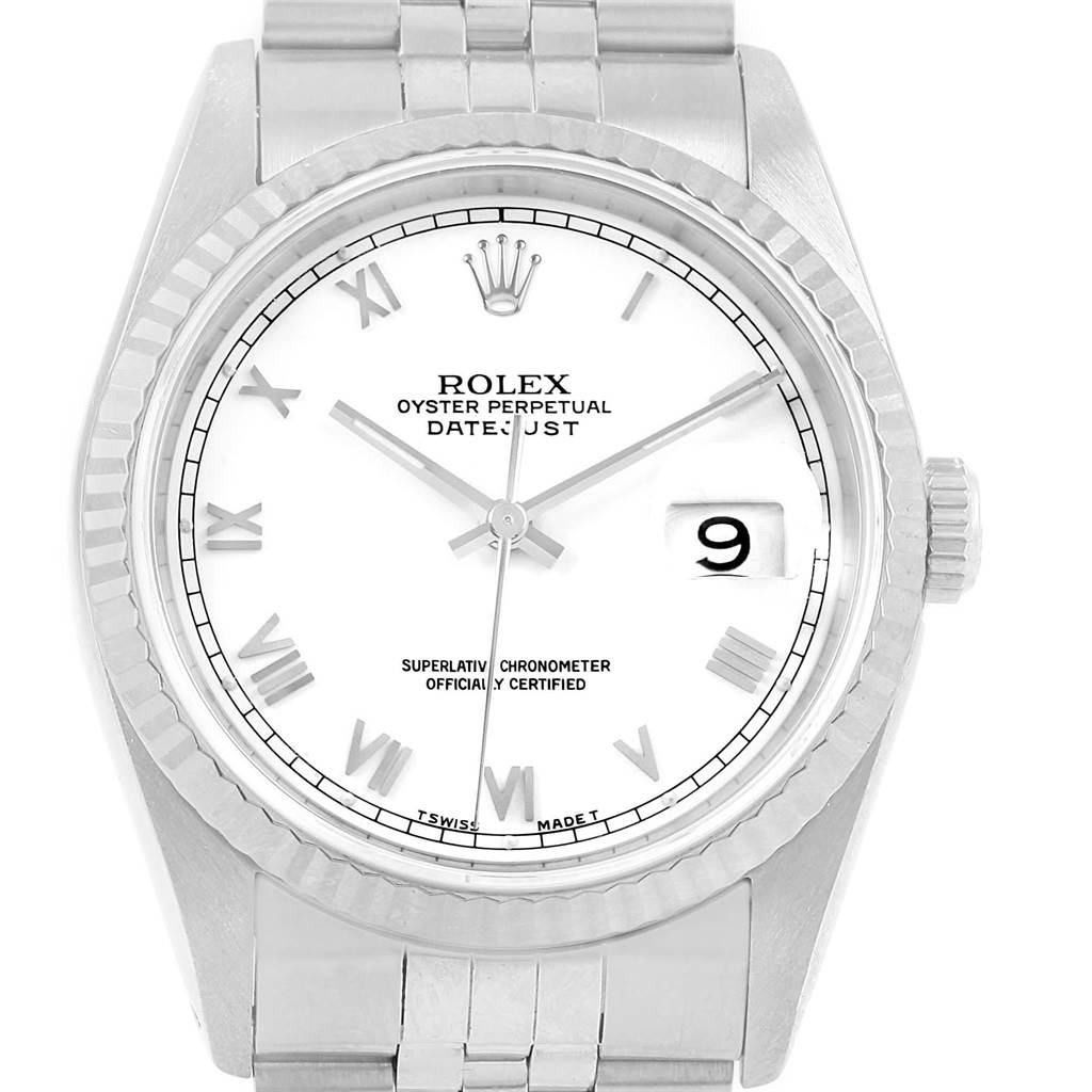 This image shows a front view of a Rolex Datejust 16234 Men
s Stainless Steel White Dial 16234 Men
s Stainless Steel White Dial watch, displaying its face, bezel, crown, and part of the bracelet.