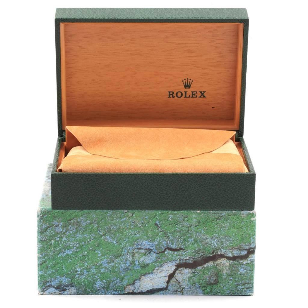 This image shows the open presentation box for a Rolex Datejust 16234 Men
s Stainless Steel White Dial 16234 Men
s Stainless Steel White Dial watch, revealing the interior with a cushion.