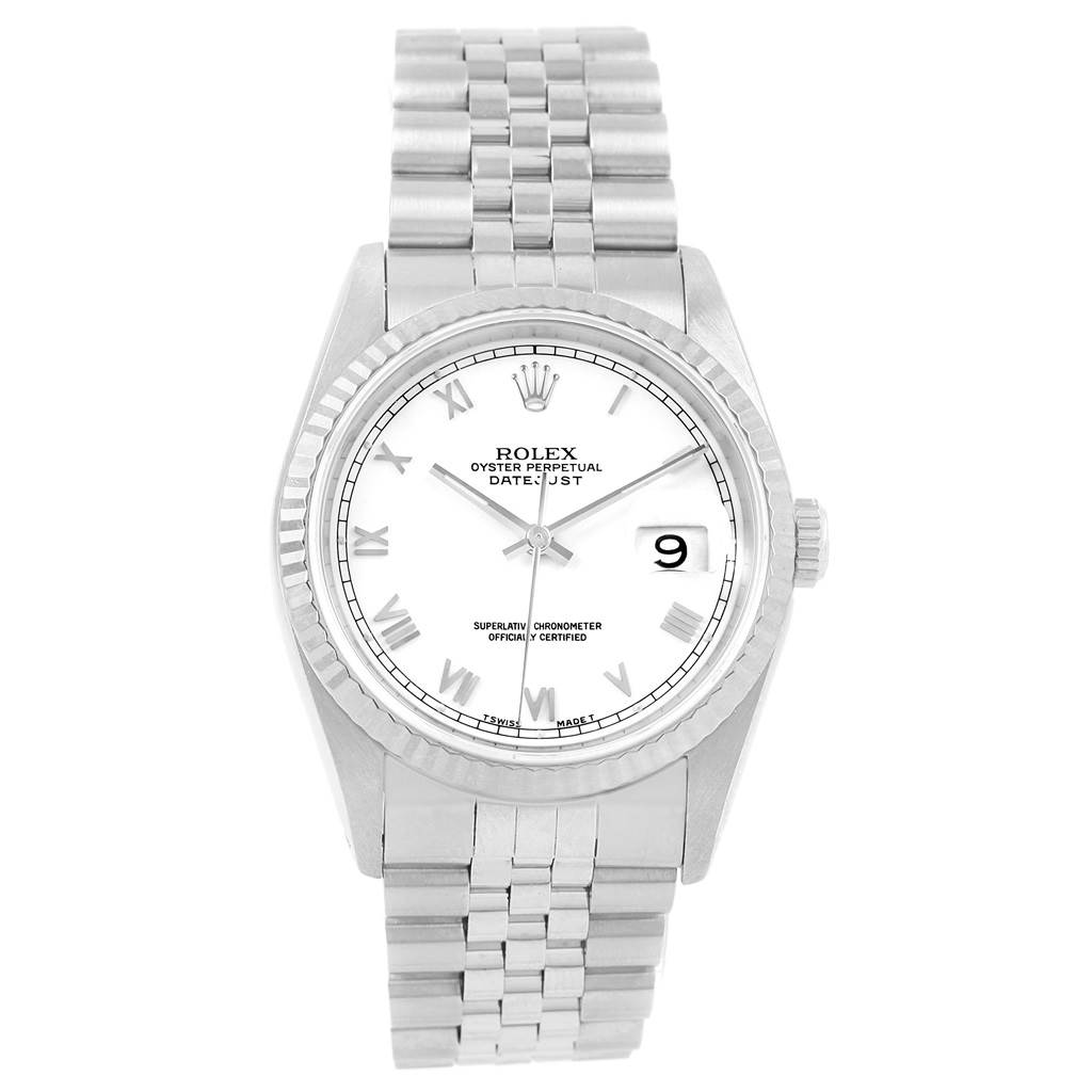 The Rolex Datejust 16234 Men
s Stainless Steel White Dial 16234 Men
s Stainless Steel White Dial watch is shown from a front angle, displaying its silver bracelet, white dial, and date window at 3 o
clock.
