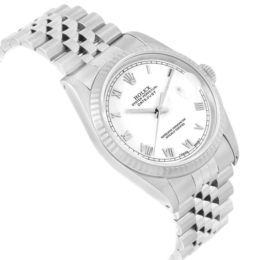 This image shows a Rolex Datejust 16234 Men
s Stainless Steel White Dial 16234 Men
s Stainless Steel White Dial watch at a three-quarter angle, highlighting the dial, bezel, crown, and bracelet.