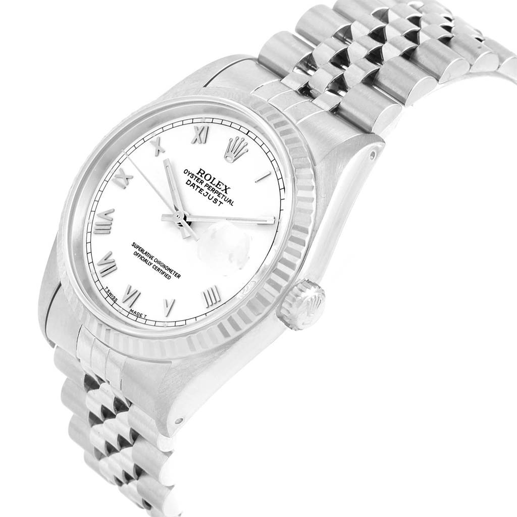 The image shows a Rolex Datejust 16234 Men
s Stainless Steel White Dial 16234 Men
s Stainless Steel White Dial watch angled to display its face, bezel, crown, and bracelet.