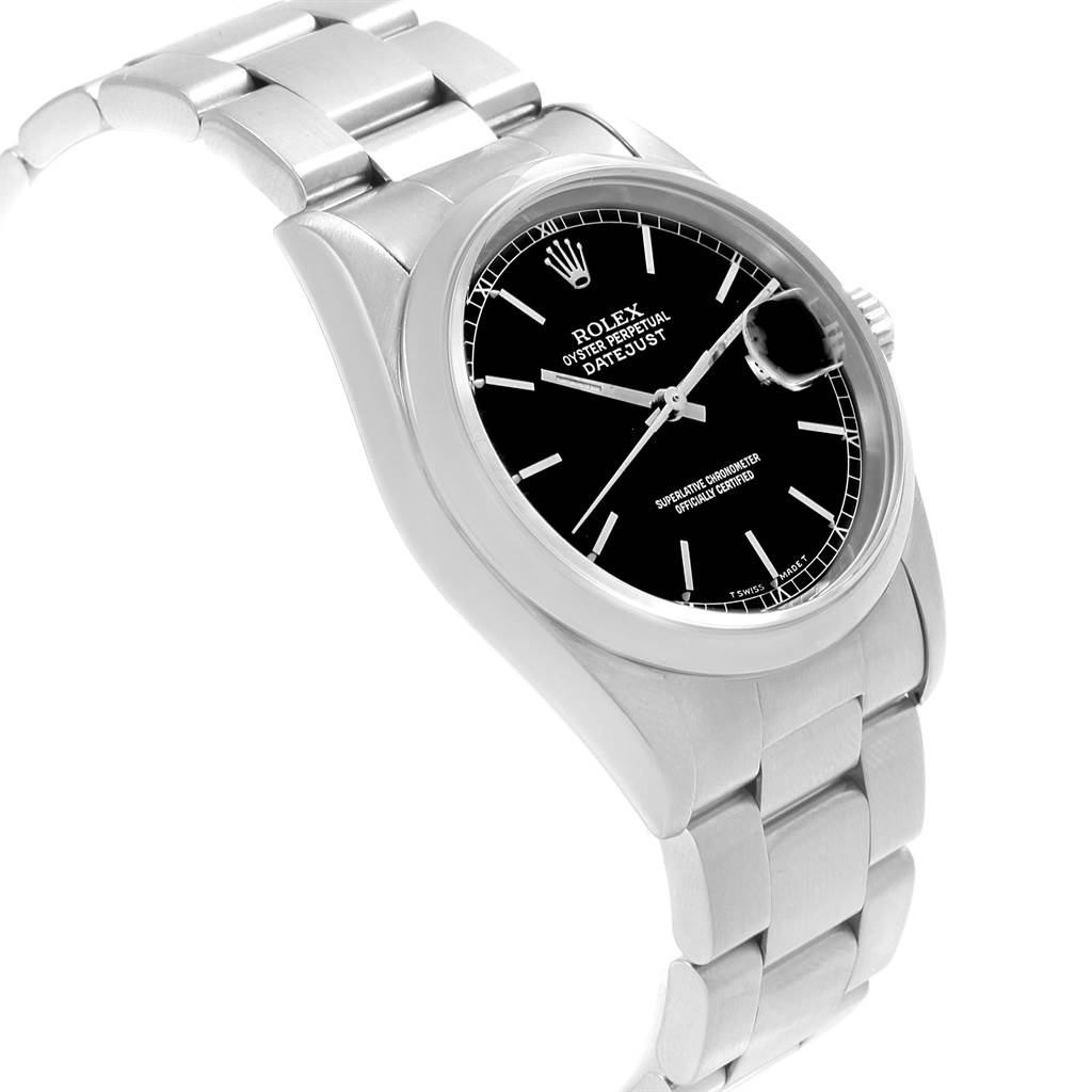 The image shows a Rolex Datejust 16200 Men's Stainless Steel Black Dial 16200 Men's Stainless Steel Black Dial watch at a slight angle highlighting its black dial, cyclops lens, bezel, and bracelet.