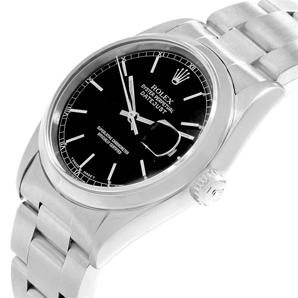 This image shows a side angle of the Rolex Datejust 16200 Men's Stainless Steel Black Dial 16200 Men's Stainless Steel Black Dial watch, highlighting its black dial, crown, and part of the bracelet.