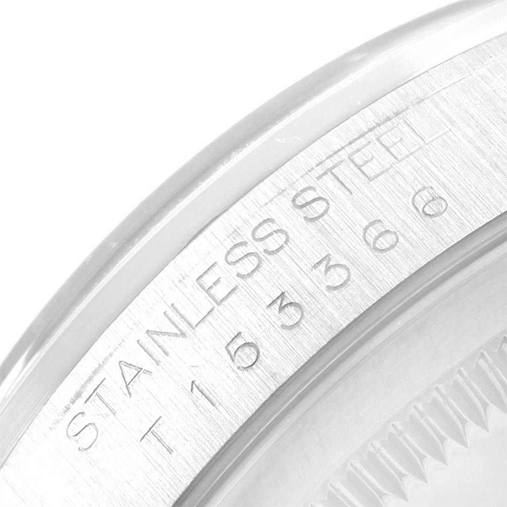 The image shows a close-up of the stainless steel case back with engravings on a Rolex Datejust 16200 Men's Stainless Steel Black Dial 16200 Men's Stainless Steel Black Dial watch.