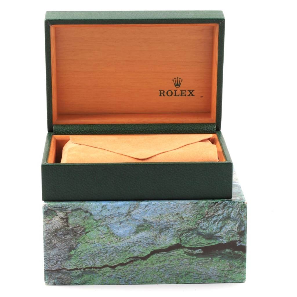 This shows an open Rolex Datejust 16200 Men's Stainless Steel Black Dial 16200 Men's Stainless Steel Black Dial box, revealing an orange watch pouch inside.