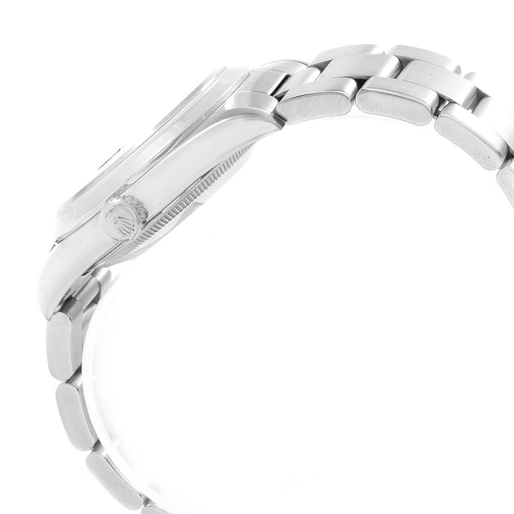 This image shows the side profile of a Rolex Datejust 16200 Men's Stainless Steel Black Dial 16200 Men's Stainless Steel Black Dial watch, highlighting the crown, case, and part of the bracelet.