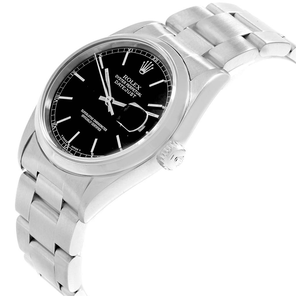 This image shows a side angle of a Rolex Datejust 16200 Men's Stainless Steel Black Dial 16200 Men's Stainless Steel Black Dial watch, highlighting the face, bezel, crown, and metal bracelet.