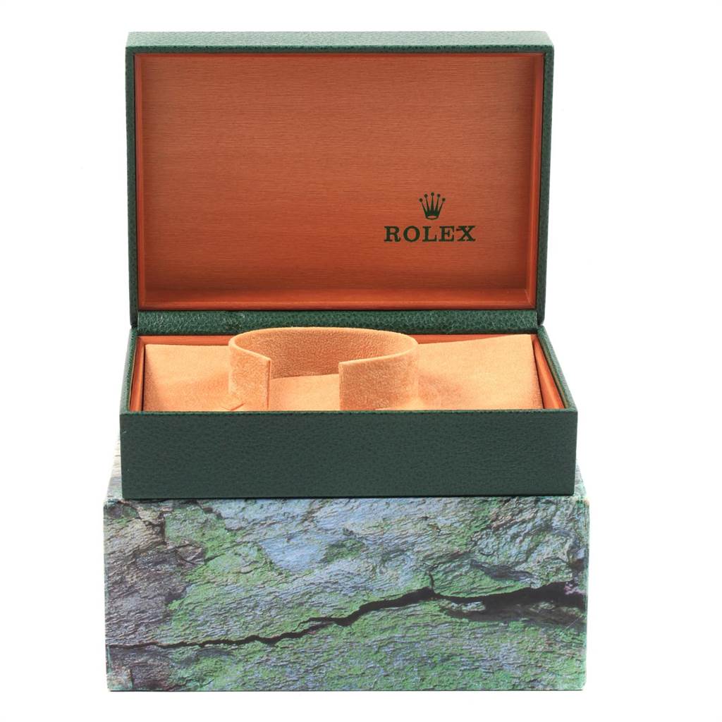 The image shows an open Rolex watch box for a Datejust model, with the cushion inside.
