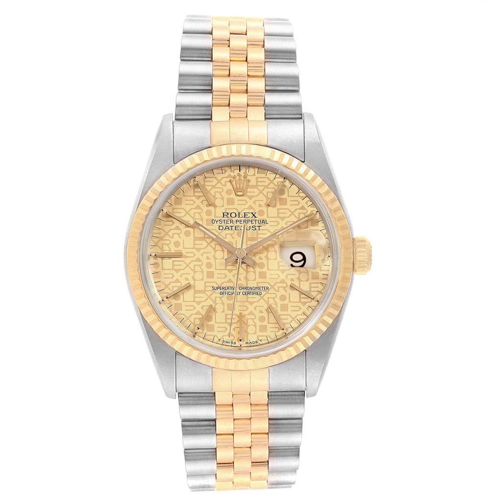This is a front-facing view of a Rolex Datejust 16233 Men
s Steel and Gold (two tone) Champagne Dial 16233 Men
s Steel and Gold (two tone) Champagne Dial watch, showing the face, dial, bezel, and two-tone bracelet.