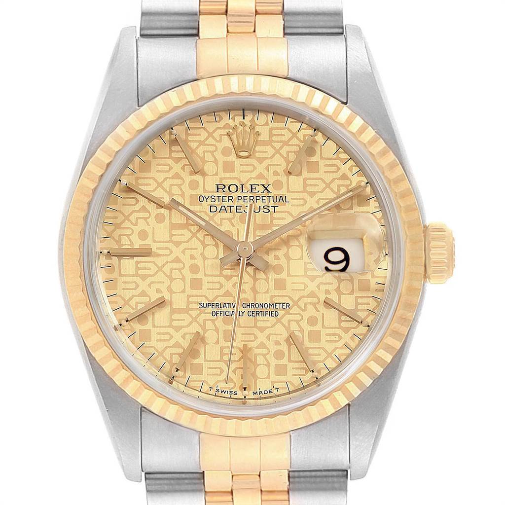 The image shows a close-up, front-facing view of the dial, bezel, and a portion of the bracelet of the Rolex Datejust 16233 Men
s Steel and Gold (two tone) Champagne Dial 16233 Men
s Steel and Gold (two tone) Champagne Dial watch.