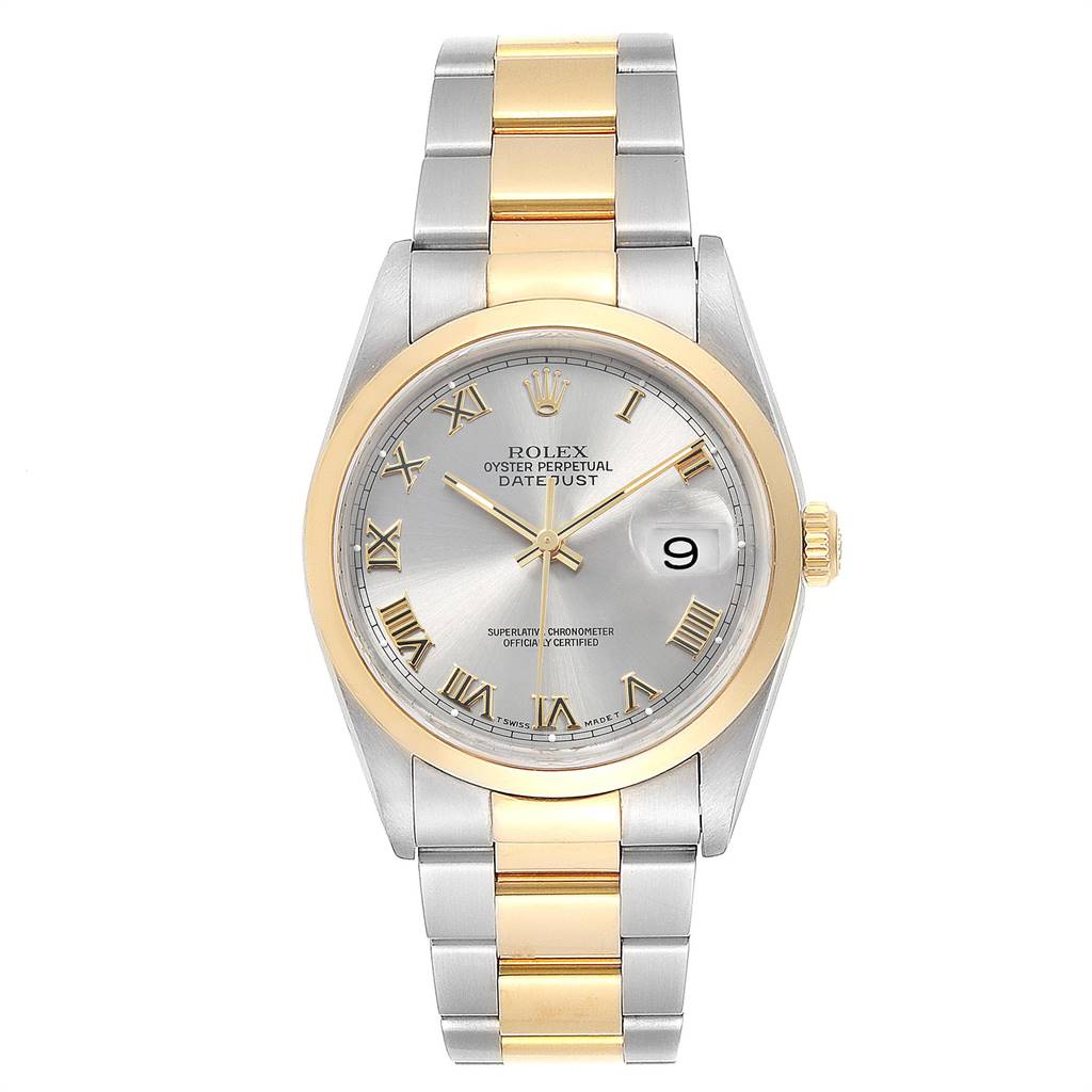 The image shows a front view of a Rolex Datejust 16203 Men's Steel and Gold (two tone) Grey Dial 16203 Men's Steel and Gold (two tone) Grey Dial watch featuring a silver dial, gold and silver bracelet, and Roman numeral hour markers.