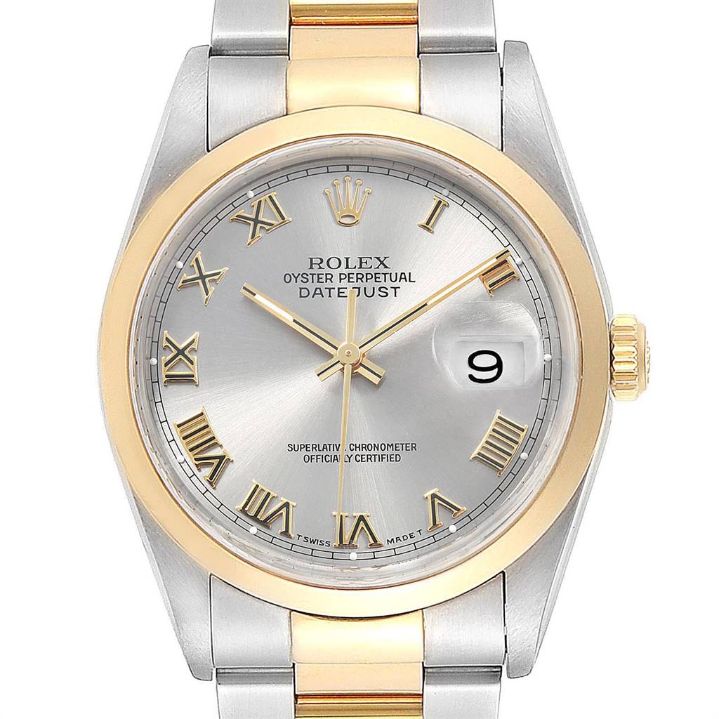 This image shows a front view of the Rolex Datejust 16203 Men's Steel and Gold (two tone) Grey Dial 16203 Men's Steel and Gold (two tone) Grey Dial watch, highlighting the dial, bezel, and part of the bracelet.