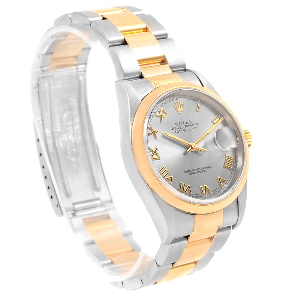 The image shows a Rolex Datejust 16203 Men's Steel and Gold (two tone) Grey Dial 16203 Men's Steel and Gold (two tone) Grey Dial watch at an angled side view, highlighting the face, bezel, case, and bracelet.