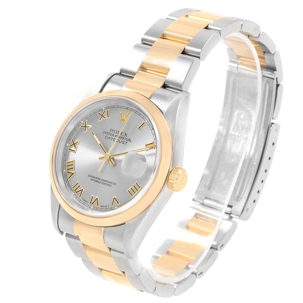The image shows a Rolex Datejust 16203 Men's Steel and Gold (two tone) Grey Dial 16203 Men's Steel and Gold (two tone) Grey Dial watch at a three-quarter angle, highlighting the face, bezel, crown, and two-tone bracelet.