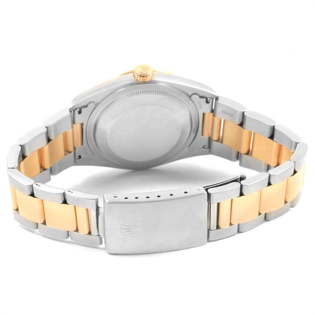 This image shows the back of a Rolex Datejust 16203 Men's Steel and Gold (two tone) Grey Dial 16203 Men's Steel and Gold (two tone) Grey Dial watch, highlighting the case back, crown, and two-tone metal bracelet.