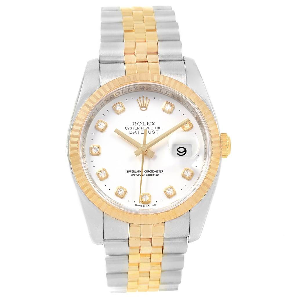 This Rolex Datejust 116233 Men's Stainless Steel White Dial 116233 Men's Stainless Steel White Dial watch is shown from a top-down angle, displaying its face, bezel, crown, and two-tone bracelet.