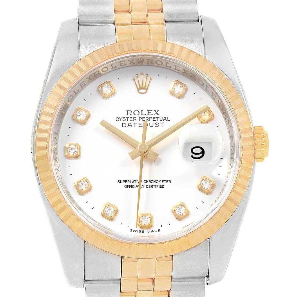 The image shows a close-up front view of a Rolex Datejust 116233 Men's Stainless Steel White Dial 116233 Men's Stainless Steel White Dial watch displaying the dial, bezel, and a portion of the bracelet.