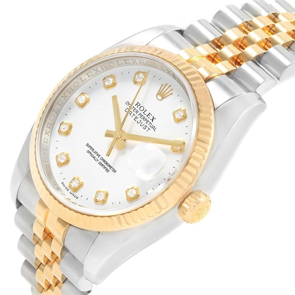 This image shows a Rolex Datejust 116233 Men's Stainless Steel White Dial 116233 Men's Stainless Steel White Dial watch angled from the front-left, displaying the dial, bezel, crown, and part of the bracelet.