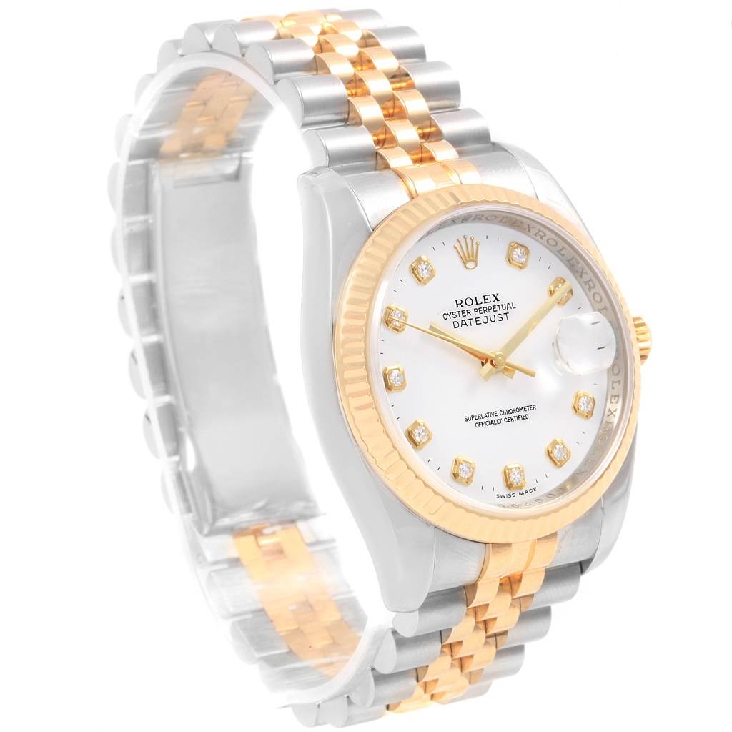 This image shows a side and partial top view of a Rolex Datejust 116233 Men's Stainless Steel White Dial 116233 Men's Stainless Steel White Dial watch, featuring a two-tone bracelet and a white dial with diamond markers.