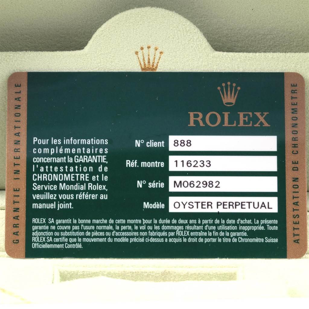The image shows a warranty card for a Rolex Datejust 116233 Men's Stainless Steel White Dial 116233 Men's Stainless Steel White Dial model, detailing client, reference number, and serial number information.