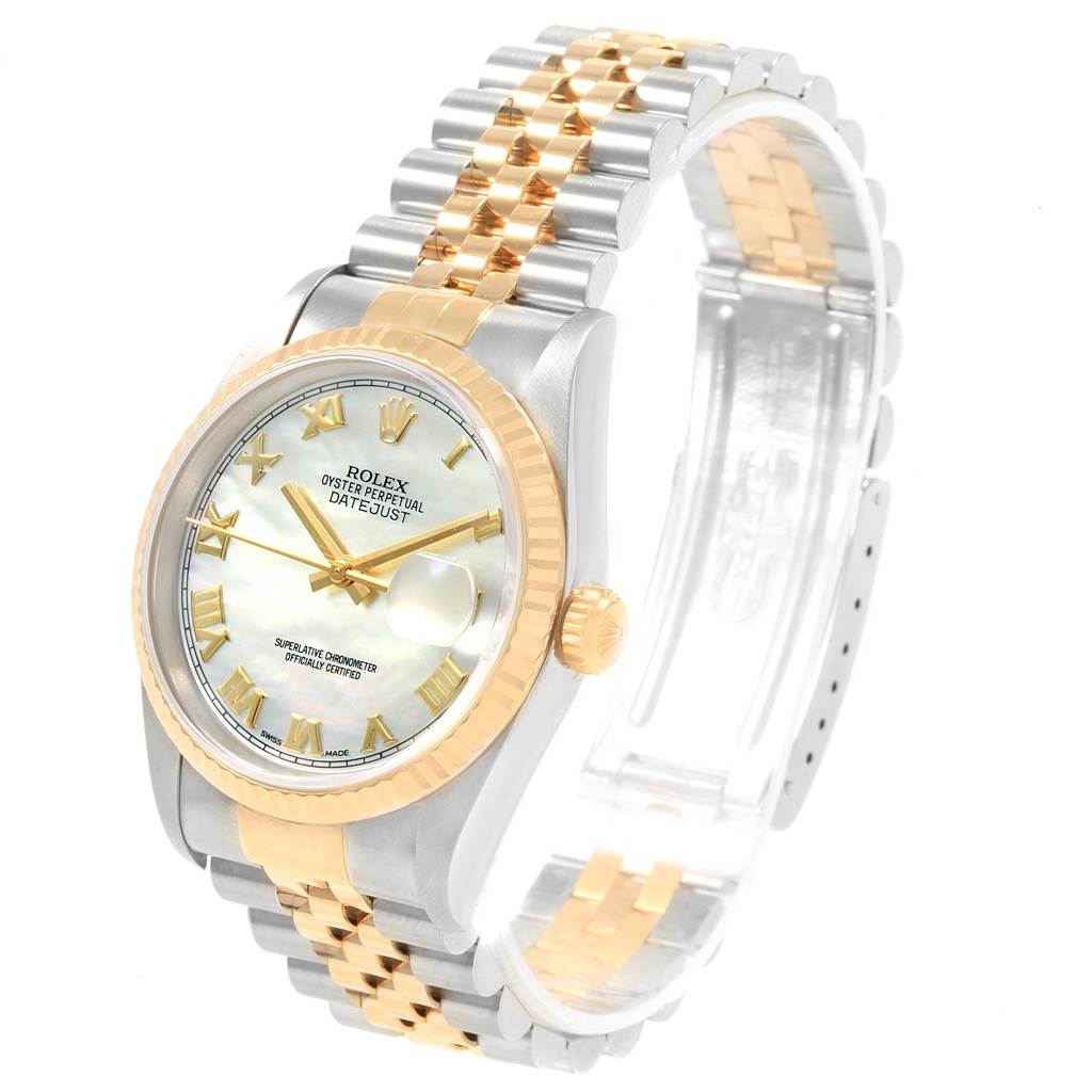 This image shows a Rolex Datejust 16233 Men's Steel and Gold (two tone) Mother of Pearl Dial 16233 Men's Steel and Gold (two tone) Mother of Pearl Dial watch at an angle highlighting the dial, bezel, and two-tone bracelet.