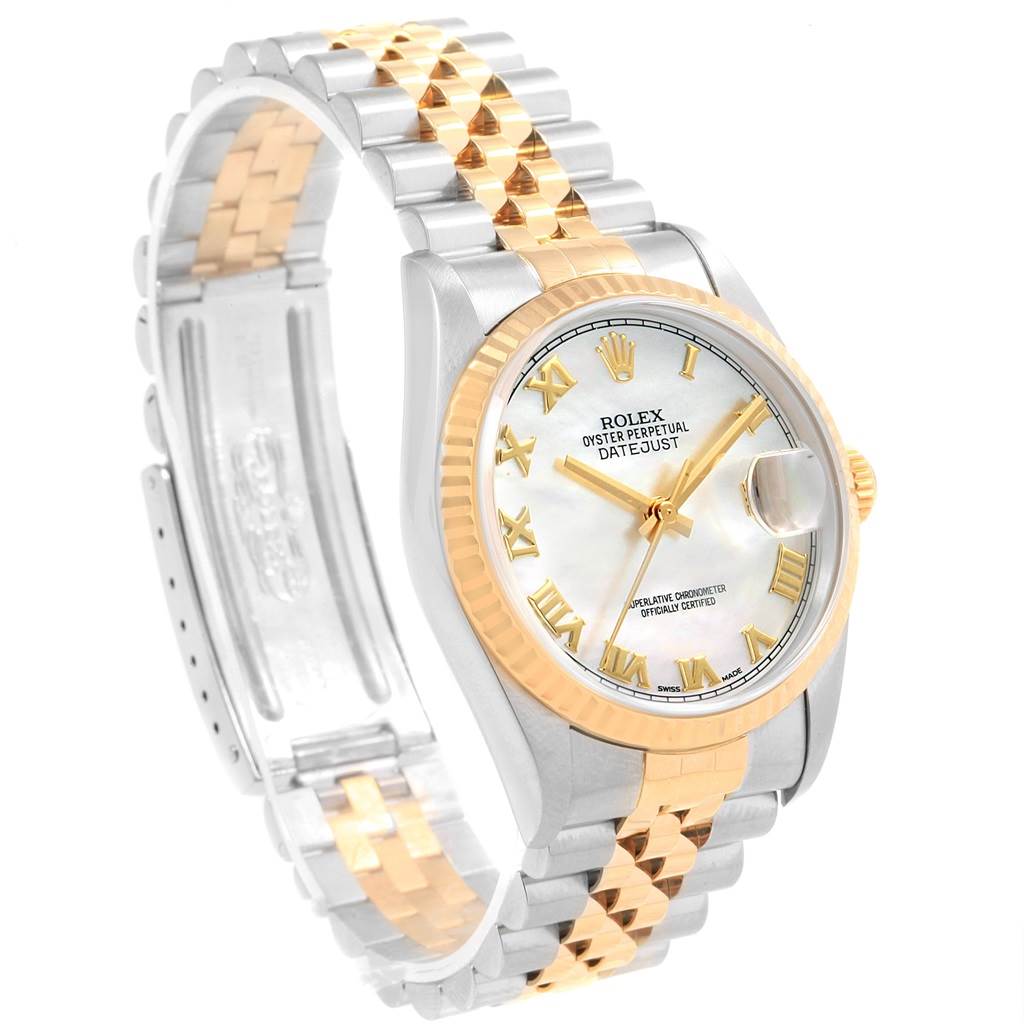 This image shows a Rolex Datejust 16233 Men's Steel and Gold (two tone) Mother of Pearl Dial 16233 Men's Steel and Gold (two tone) Mother of Pearl Dial watch at a three-quarter angle, displaying its face, bezel, and two-tone jubilee bracelet.