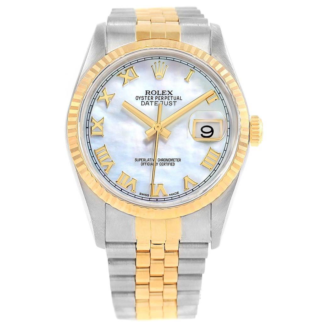 The image shows a Rolex Datejust 16233 Men's Steel and Gold (two tone) Mother of Pearl Dial 16233 Men's Steel and Gold (two tone) Mother of Pearl Dial watch from a straight-on angle, highlighting its dial, bezel, and bracelet.