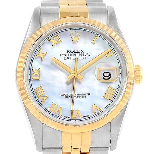 Photo of Rolex Datejust Steel Yellow Gold MOP Roman Dial Mens Watch 16233