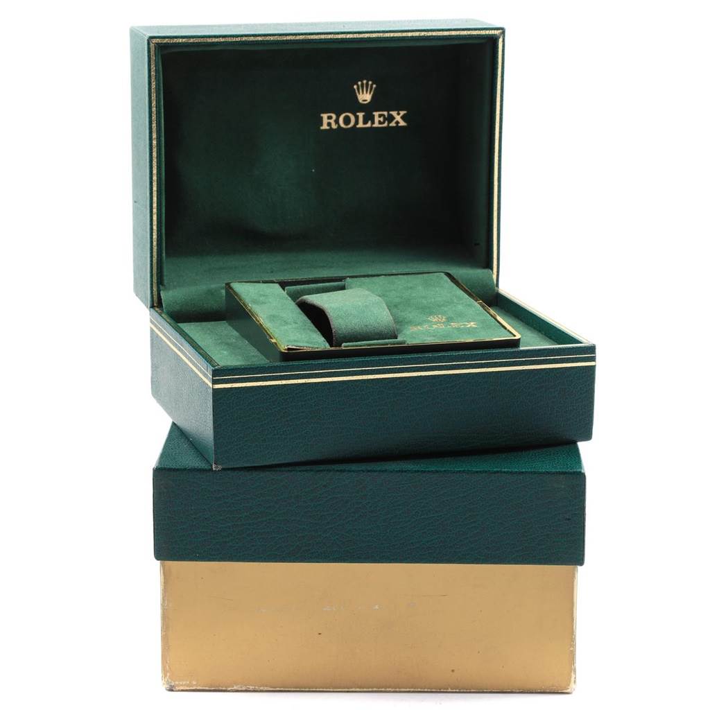 The image shows the open box for a Rolex Datejust 16030 Men
s Stainless Steel Silver Dial 16030 Men
s Stainless Steel Silver Dial watch, displaying the inner packaging and cushion for the watch.